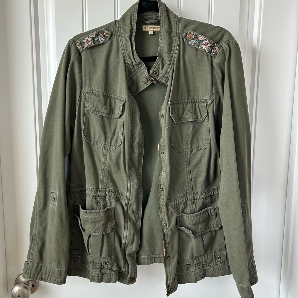 Democracy Utility Jacket in Olive with Floral Accents
